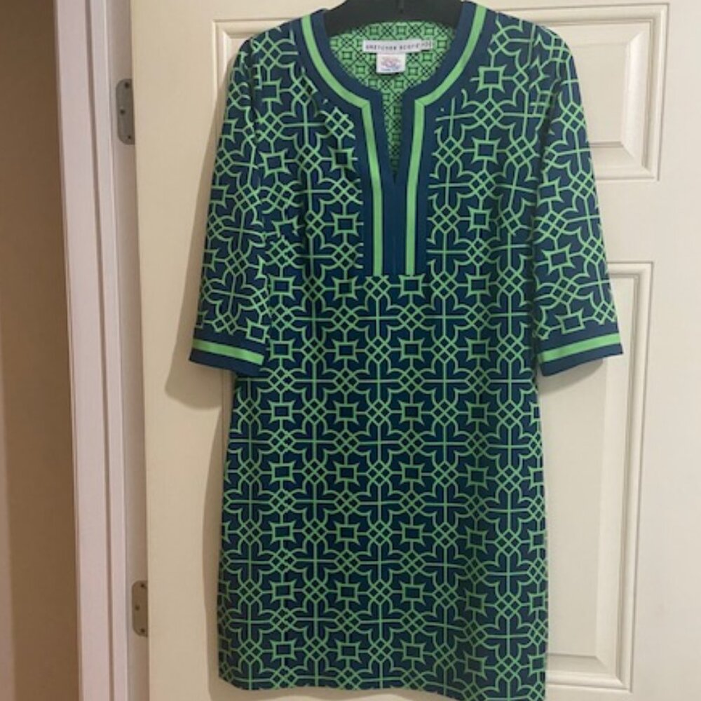 Gretchen Scott Split Neck Dress Bombay Taj Green Navy Size Small